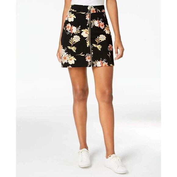 INC Black Floral Print A-Line Zipper Front Mini Skirt 60s Mod Womens Sz 8 $69.50 - Picture 1 of 7